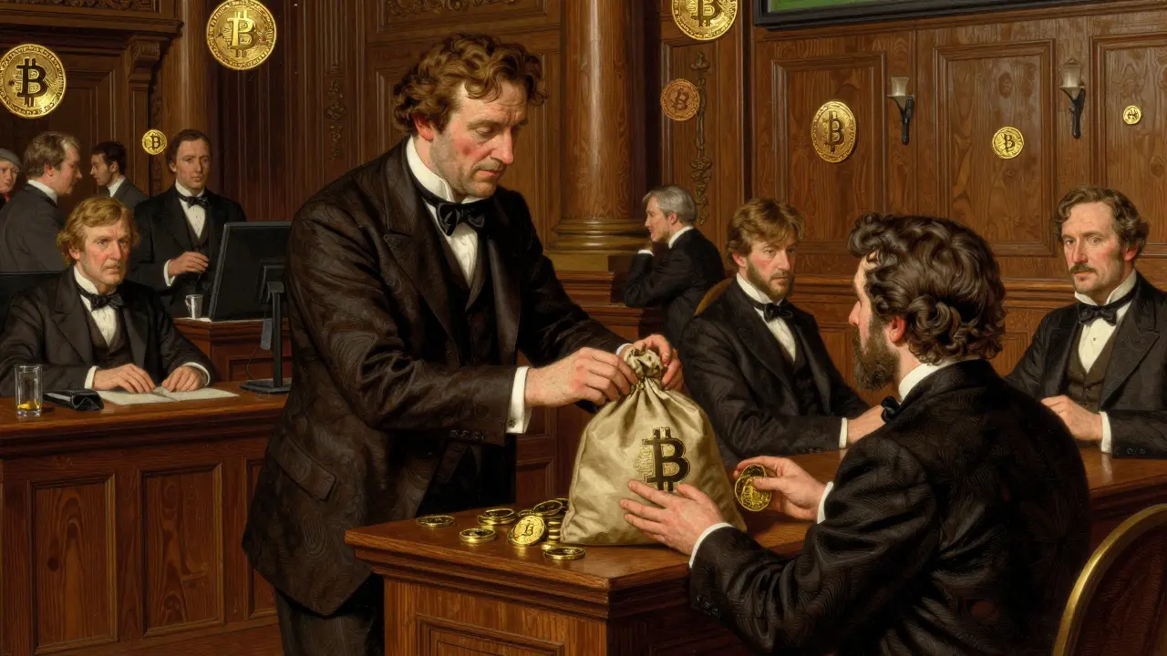 Institutional investors trading Bitcoin coins on historic stock exchange floor