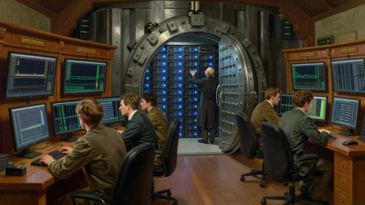 Interior of a trading floor with wooden screens and a glowing cold storage vault, rendered in Howard Pyle's detailed, dramatic style.