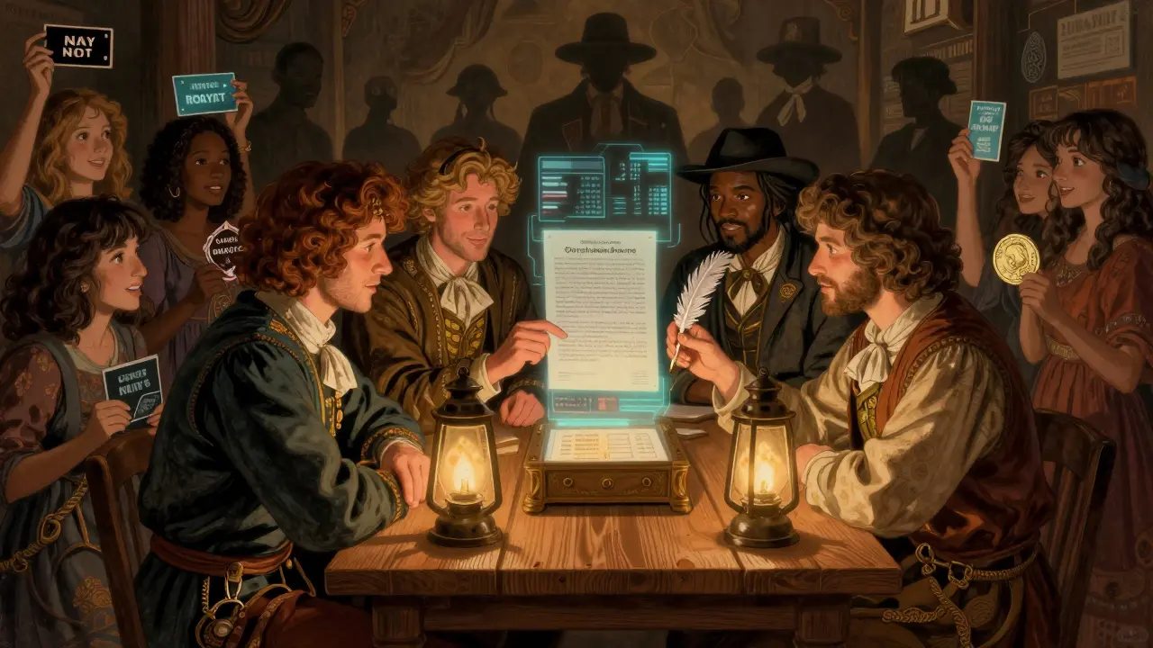Musicians gathered around a table examining a glowing blockchain ledger with royalty payments in the air.