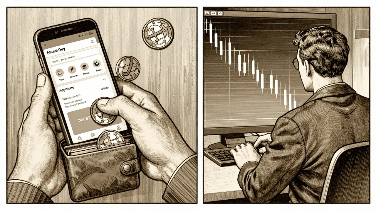 Person using wallet app earning points while trader watches declining token chart