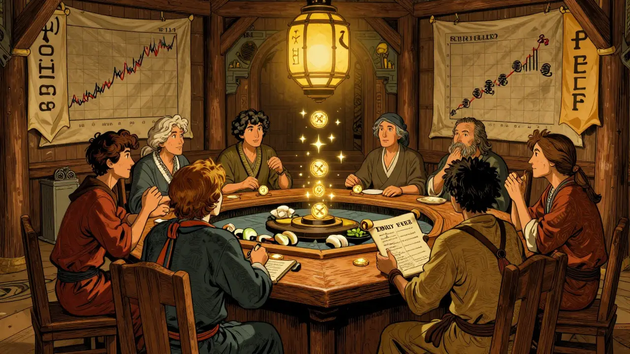 Pioneers converting SUSHI to xSUSHI at a glowing SushiBar console with floating reward tokens.