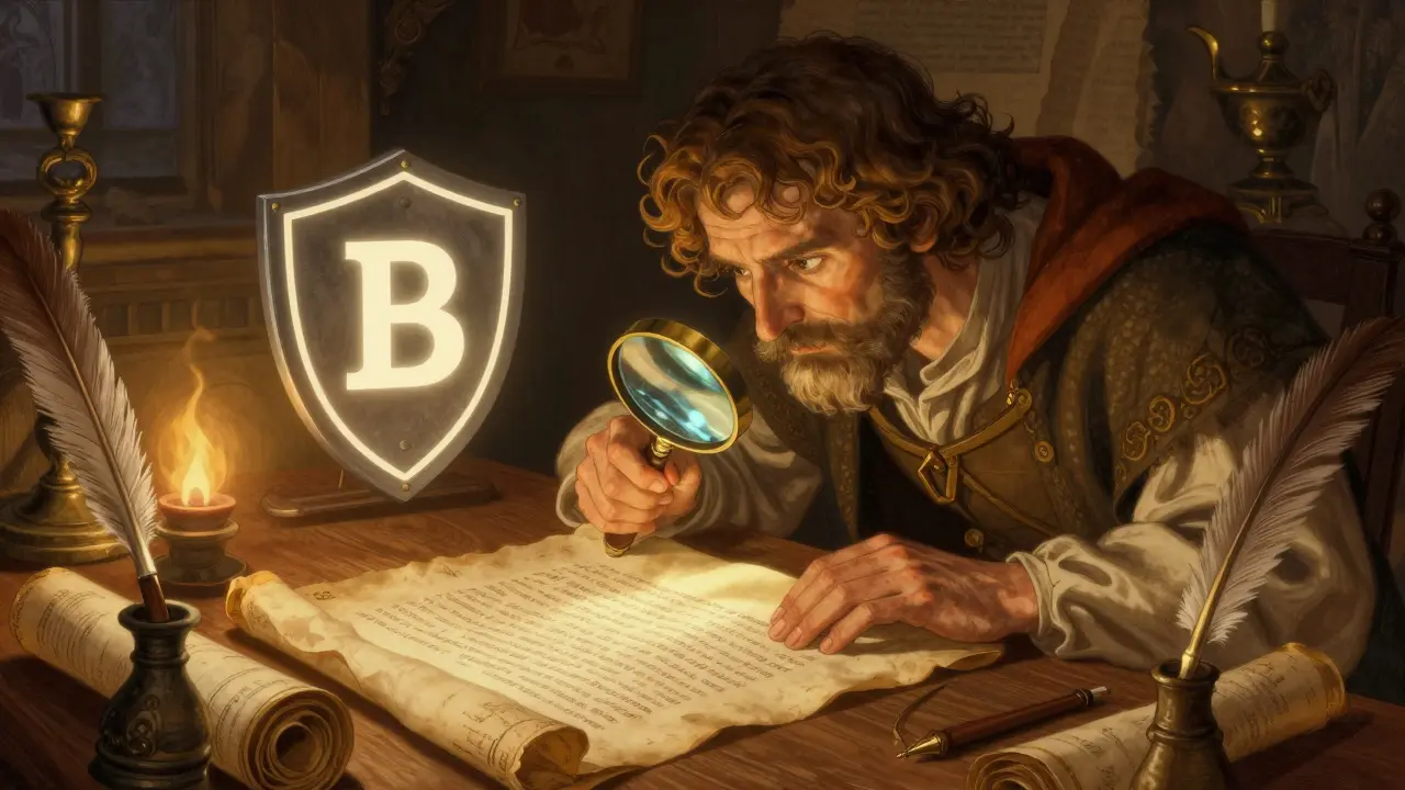 Scholar verifying blockchain contract symbol with magnifying glass and shield icon