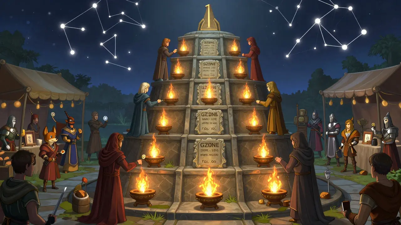 Stakeholders ascend tiers of blockchain governance, trading NFTs in a vibrant marketplace under cosmic skies.