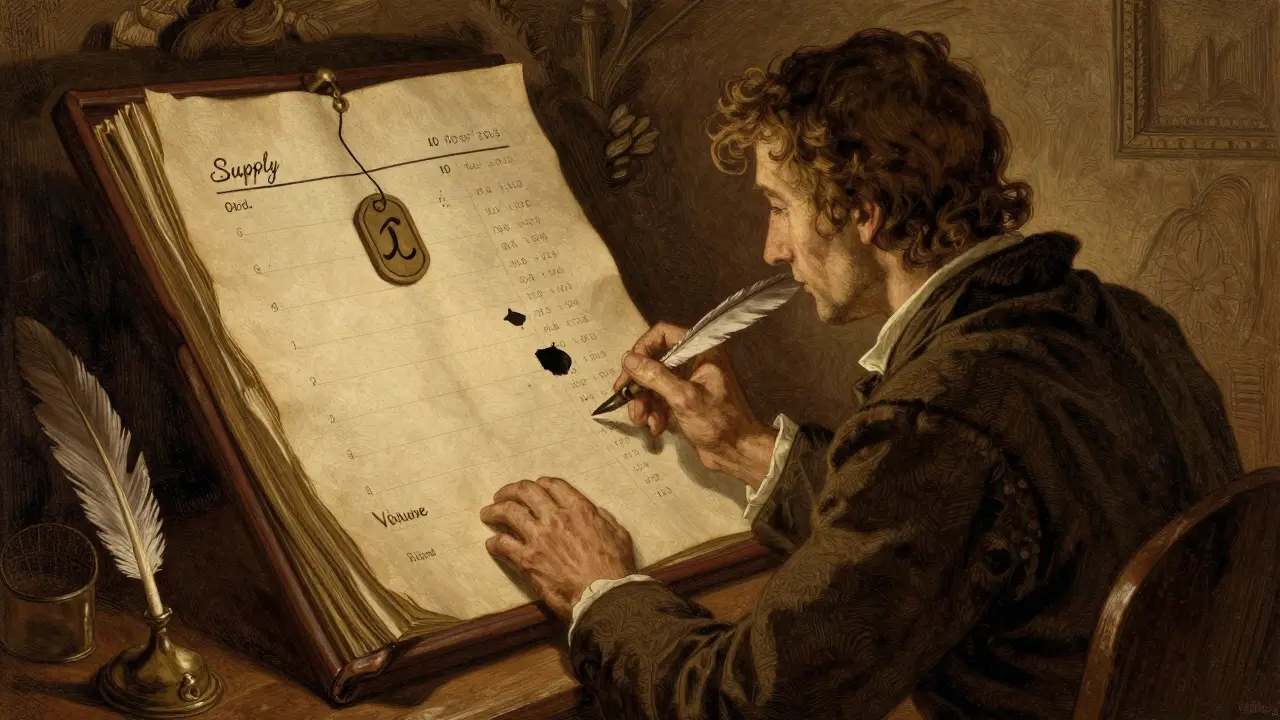Trader examining ledger with zero supply and volume data on parchment