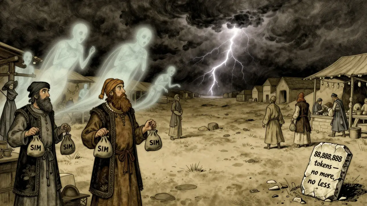 Traders in antique garb holding empty pouches in a barren marketplace, with ghostly AI entities drifting overhead, Howard Pyle style.