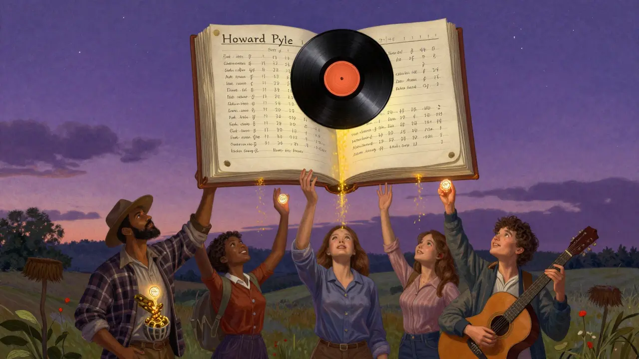 A celestial ledger distributes song ownership as golden royalty streams flow from the sky to ordinary people.