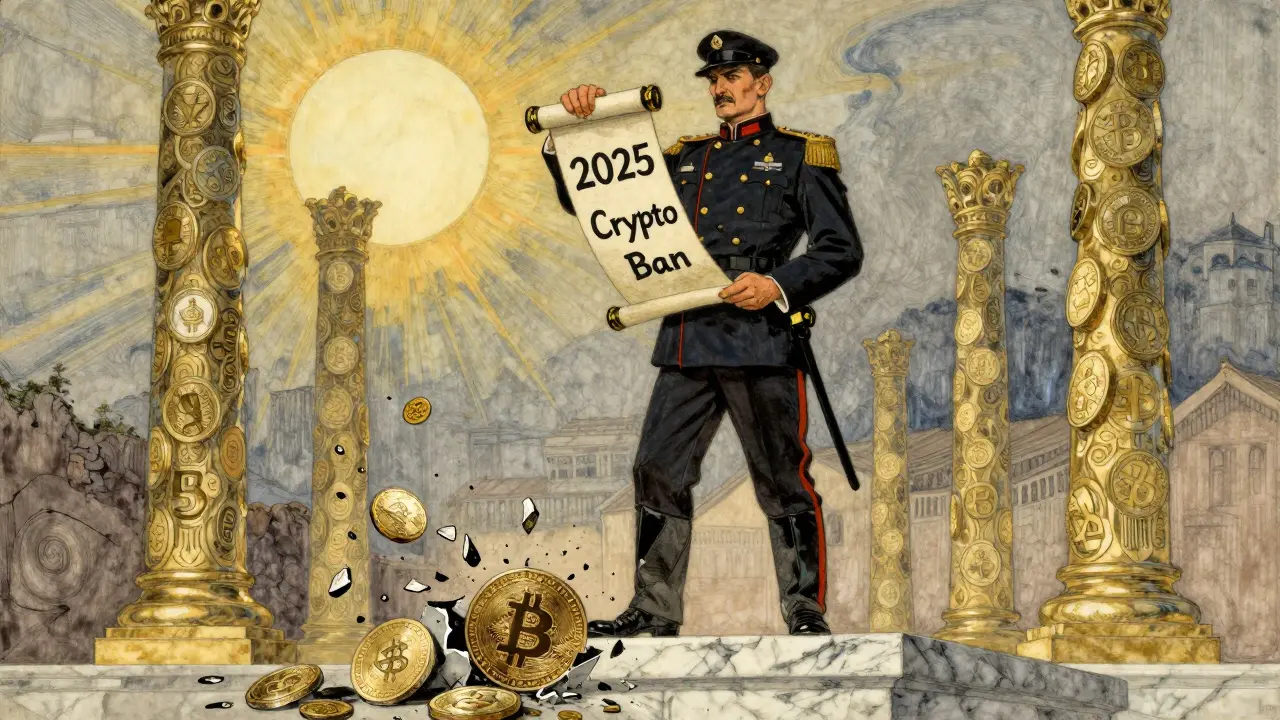 A Chinese official holding a scroll labeled '2025 Crypto Ban' as crypto coins shatter below, with digital yuan rising behind.