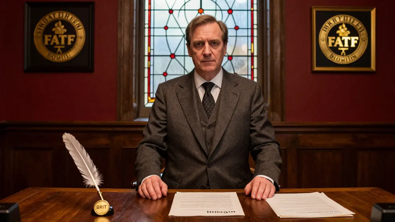 A compliance officer at a table with legal papers and a BRIT token, illuminated by a stained-glass blockchain window.