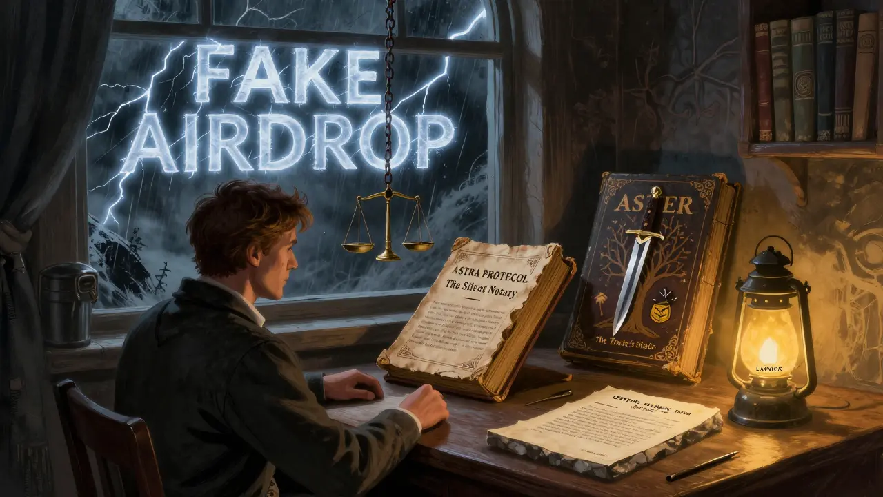 A developer comparing two ancient books representing Astra Protocol and Aster, with a storm of scams raging outside while a true contract glows safely within.