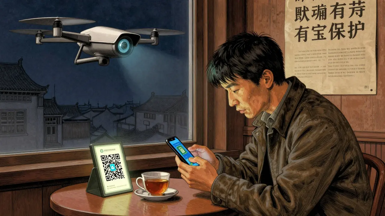 A foreigner deleting a crypto app in a café as a surveillance drone watches, beside a glowing digital yuan QR code.