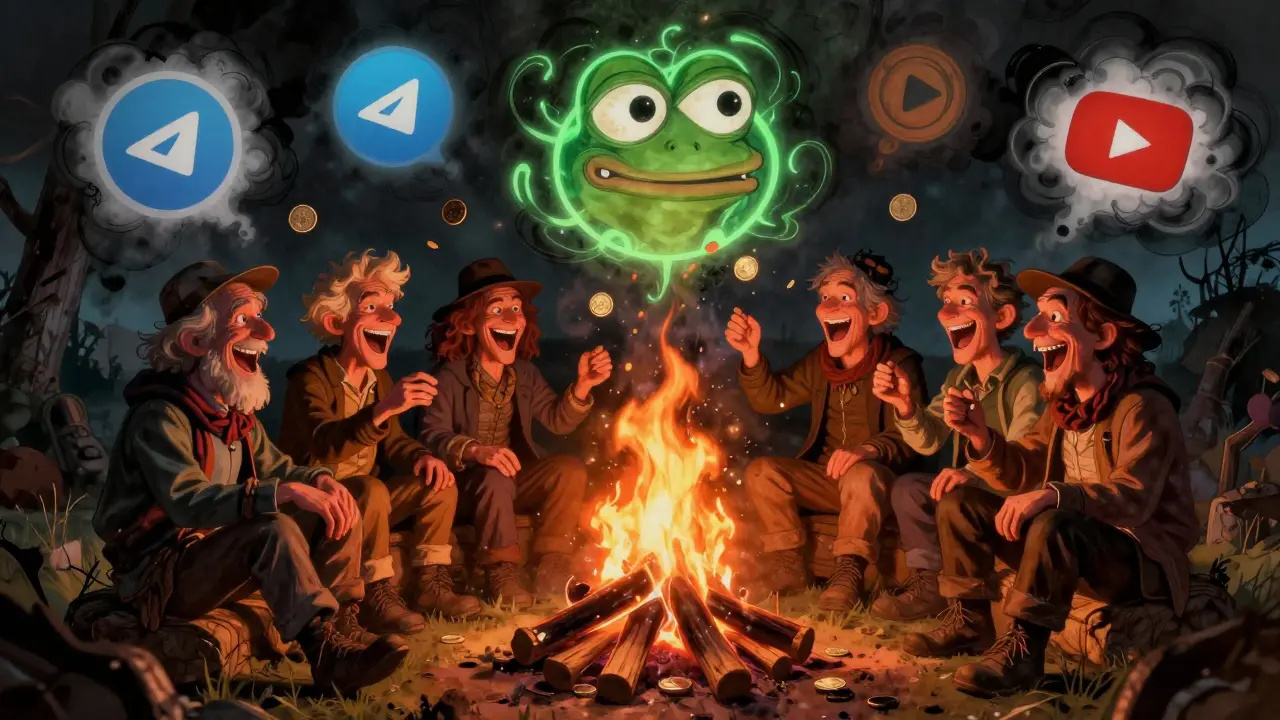 A group of quirky characters laughing around a campfire of burning crypto charts, illuminated by a glowing Pepe emblem.