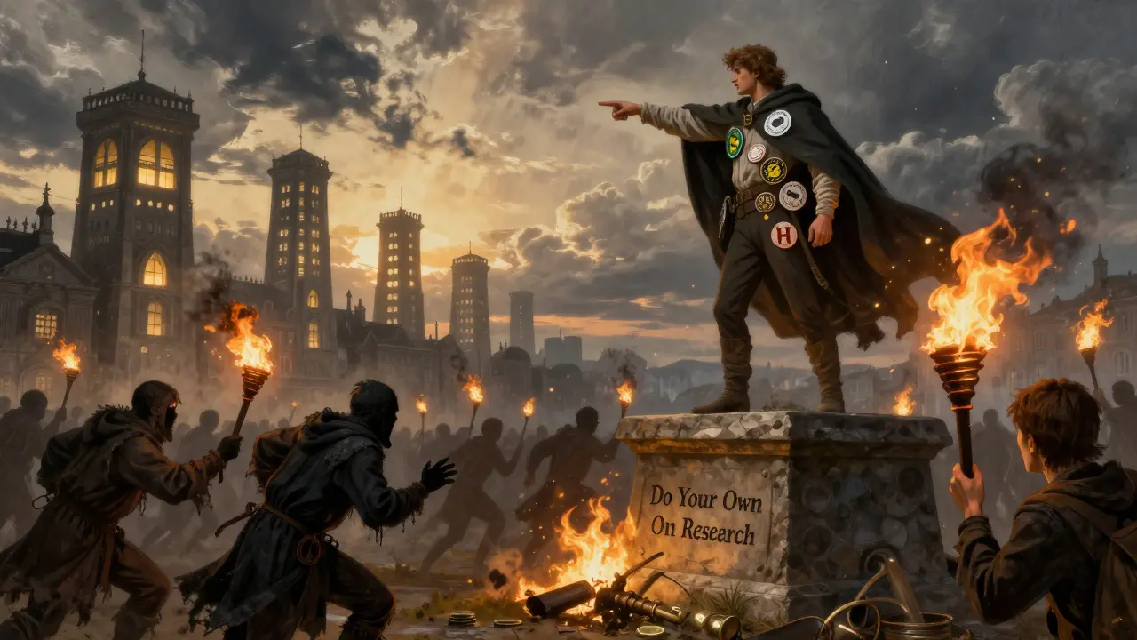 A hero stands atop a research pedestal, guiding users away from fleeing scammers burning fake tokens, in rich Howard Pyle illustration style.