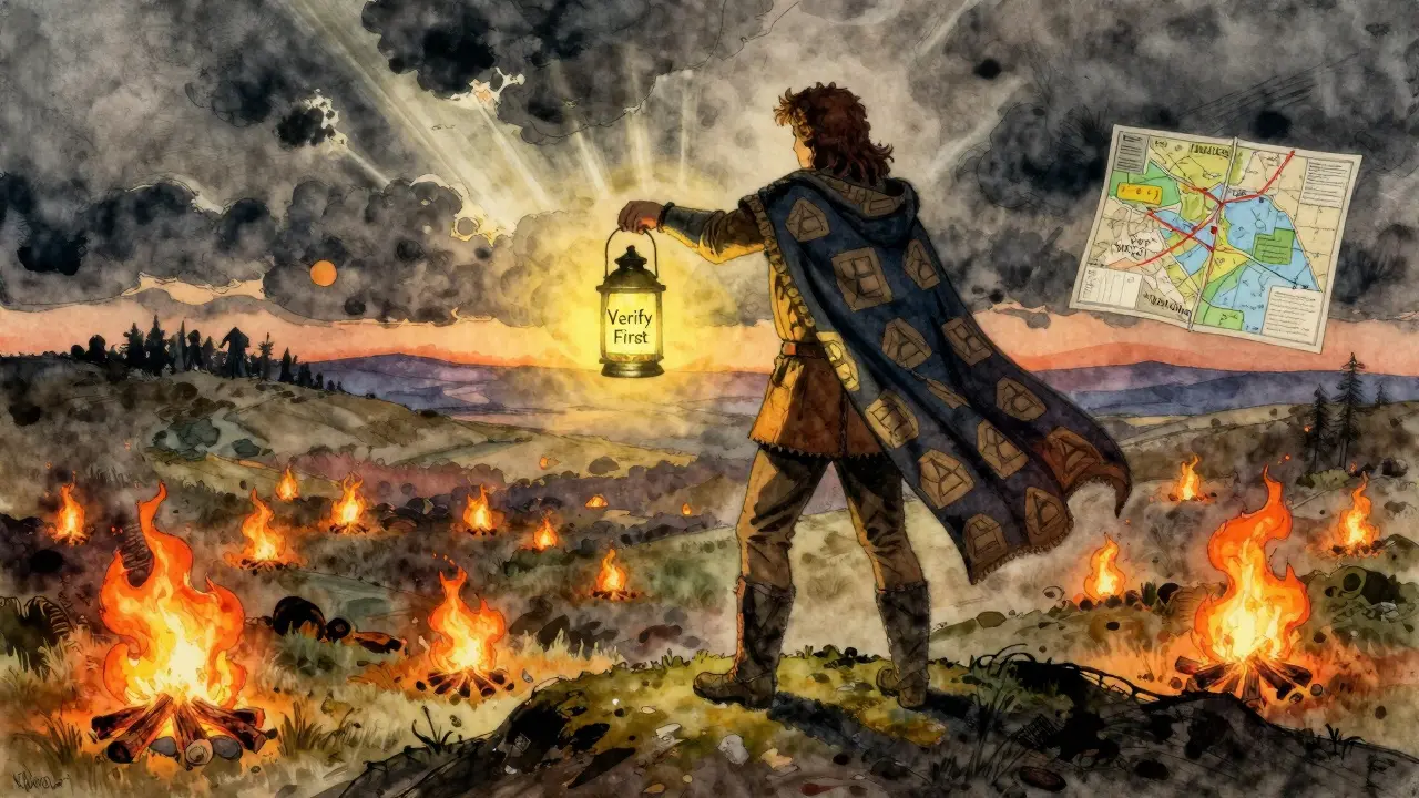A heroic figure holds a 'Verify First' lantern, watching fake exchange sites burn as trusted ones glow safely in the distance.