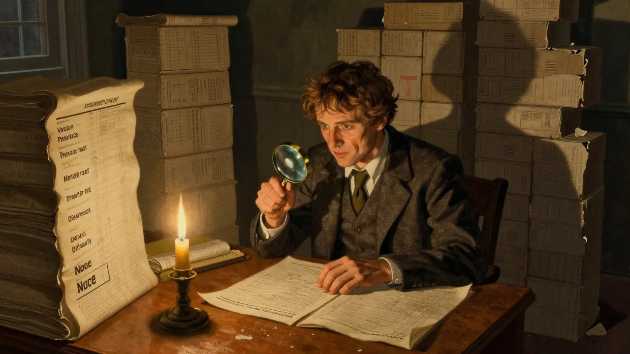 A lone person examining a block header with magnifying glass, surrounded by crumbling fake blocks.