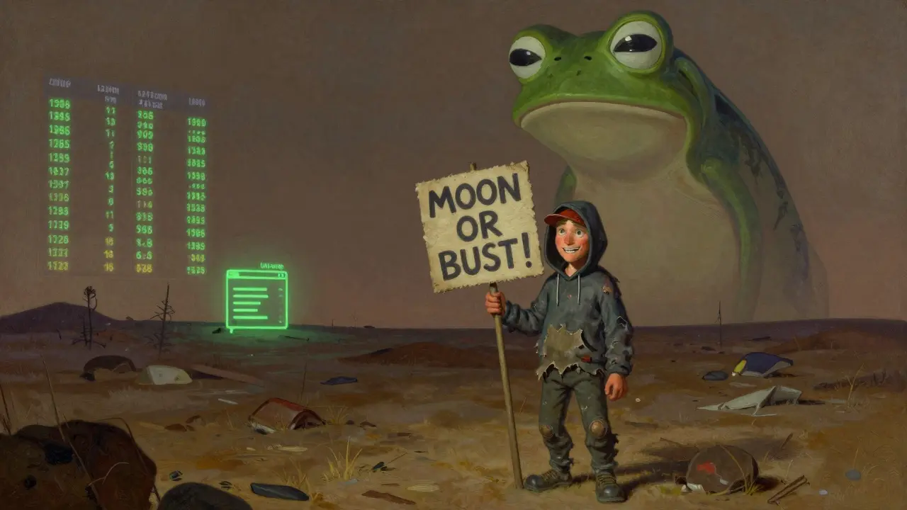 A lone Sack Boy holding a 'MOON OR BUST!' sign in a digital wasteland under a giant frog-mask silhouette.