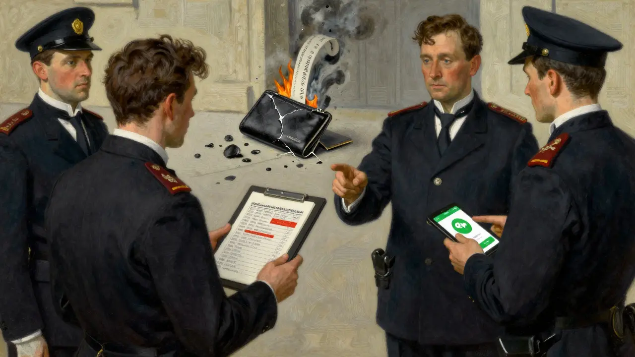 A man confronted by officials who display a blockchain ledger and frozen payment app, a shattered hardware wallet on the ground.