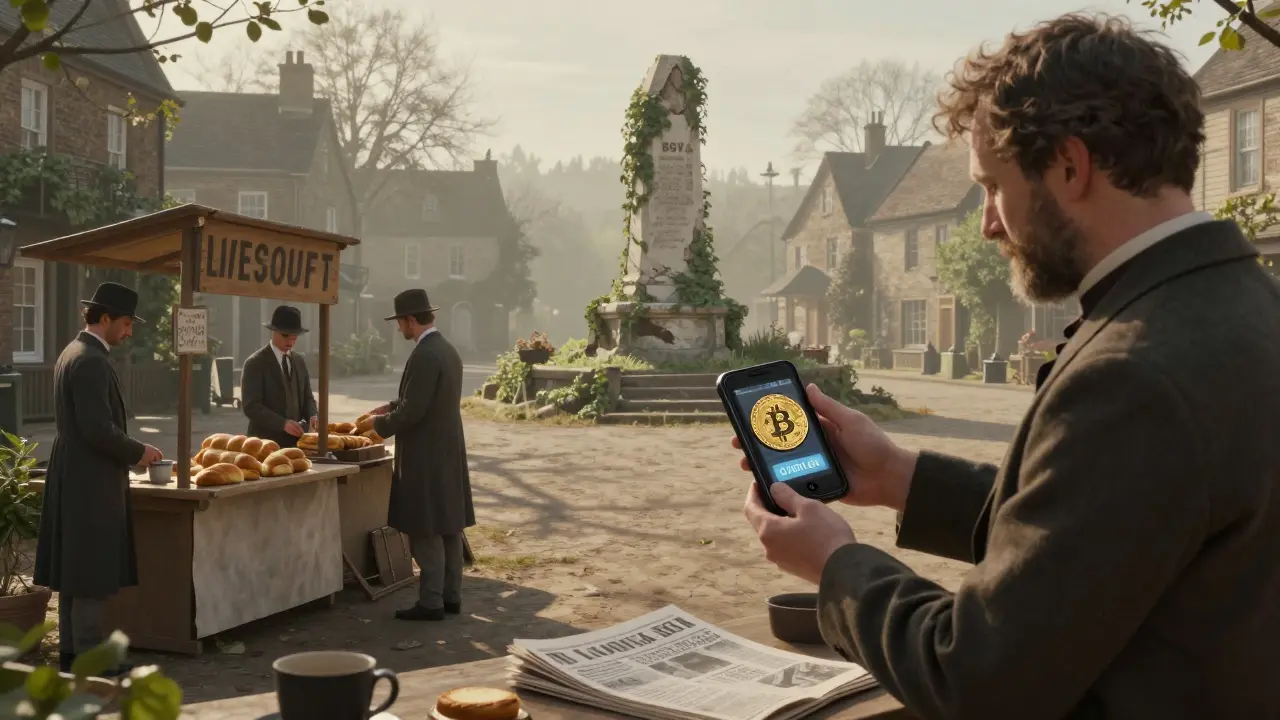 A peaceful village uses Bitcoin Cash for daily purchases, while a ruined BSV monument decays in the background, Howard Pyle style.