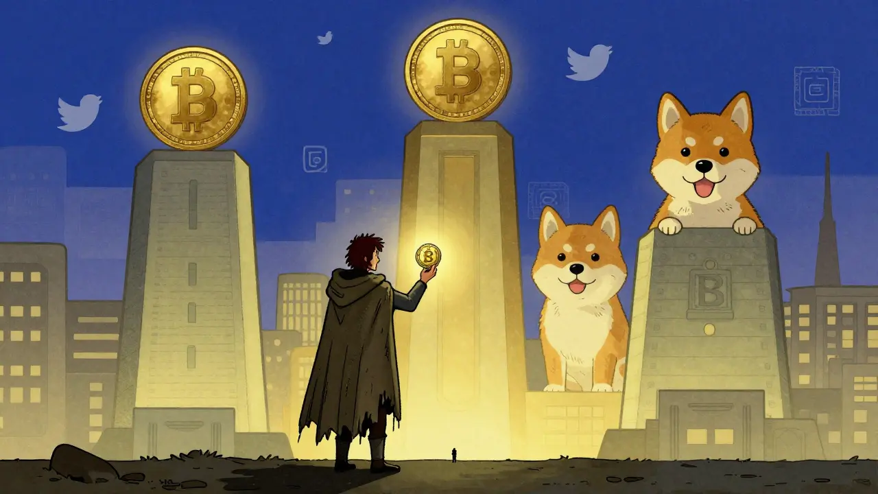 A person holding a tiny SHEI token under light, while towering rival meme coins stand illuminated behind them, with fading memes in the sky.