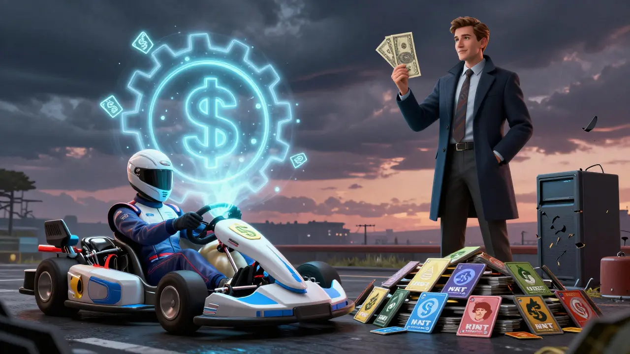 A racer earns POINT tokens while an investor holds $KART, with a decaying game server in the background.