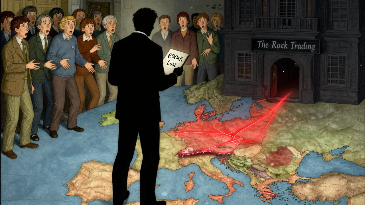 A shadowy figure holding a lost funds ledger over a map of Europe, with anxious users reaching out in silent despair.