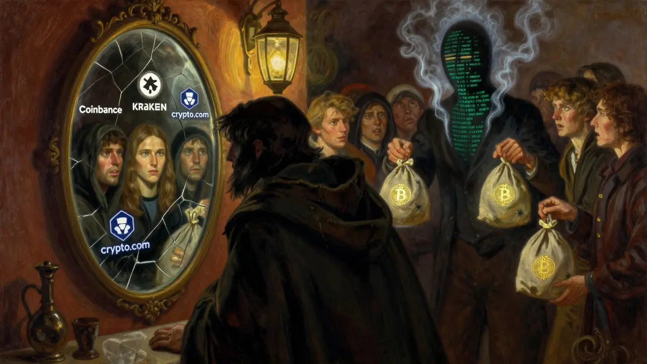A shadowy scammer whispers to a mirror showing real crypto exchanges, while victims give away crypto to a faceless entity.