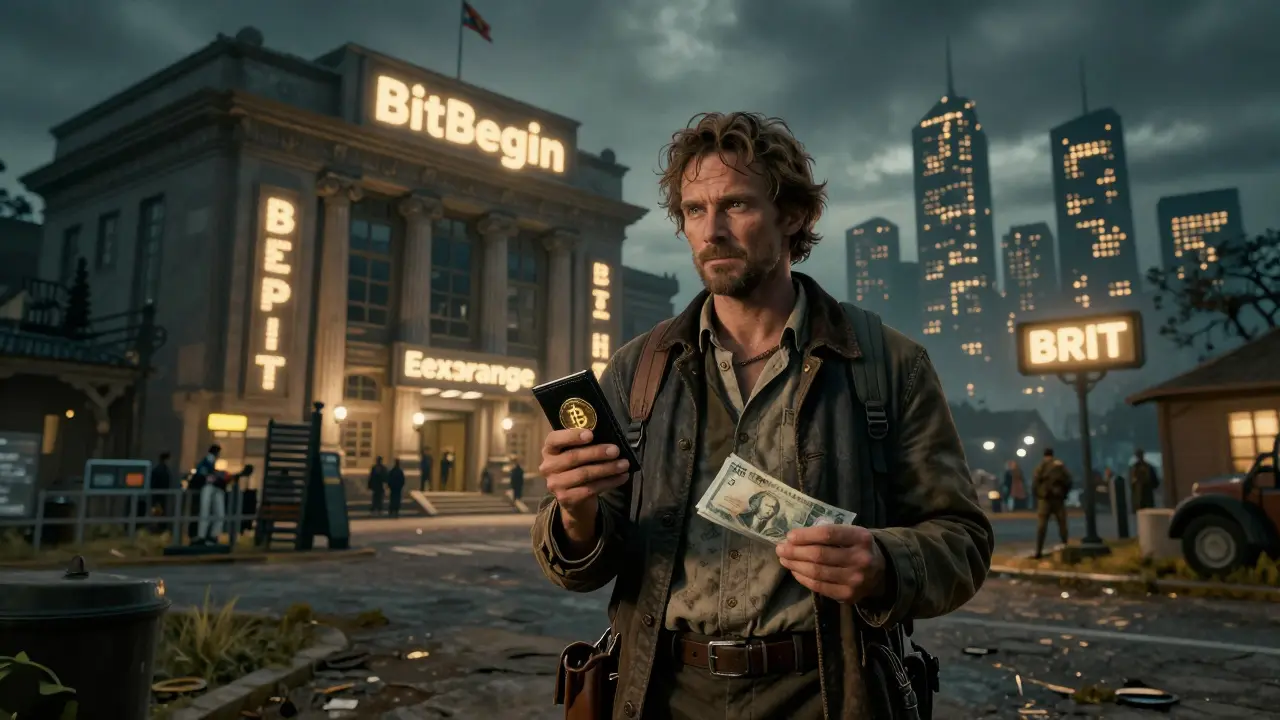 A traveler at a border with GEL and crypto wallet, facing a distant BitBegin building while global exchanges loom behind.