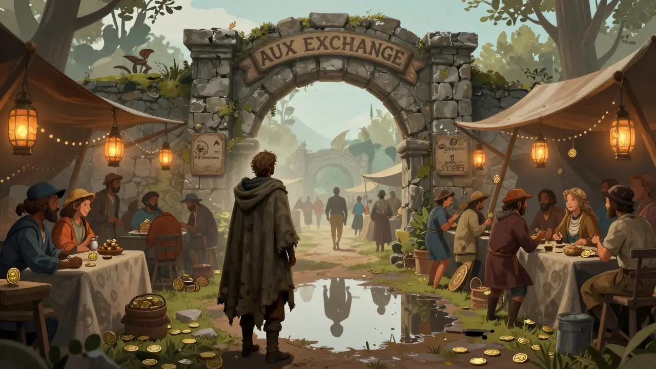 A traveler facing an empty arch labeled AUX Exchange while a lively crypto market thrives behind him.