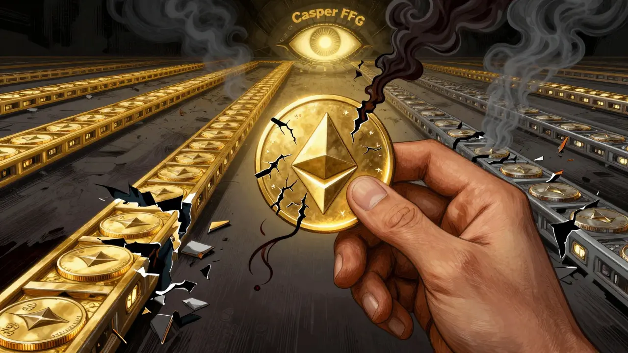 A validator's hand with a cracking ETH token as penalty smoke rises, watched by the Casper FFG eye.