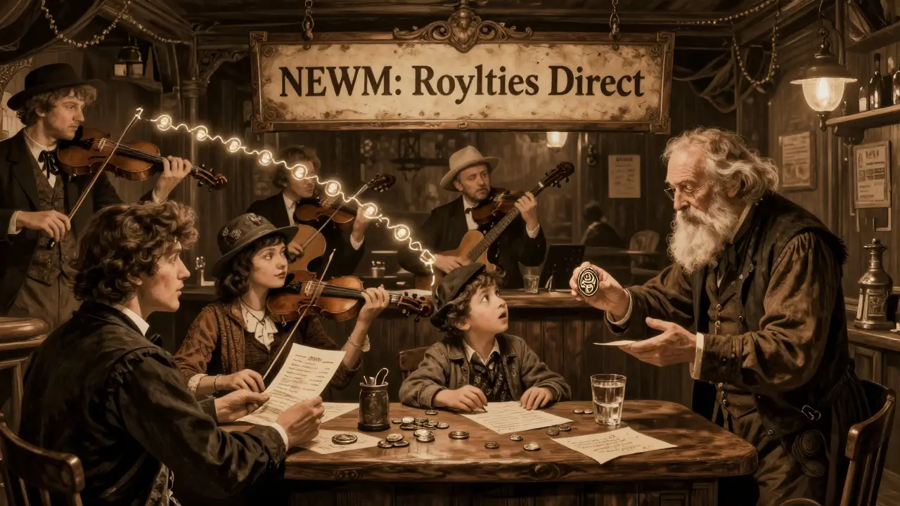 A vintage-style tavern where fans and musicians trade NFTs of music rights under a glowing NEWM sign.