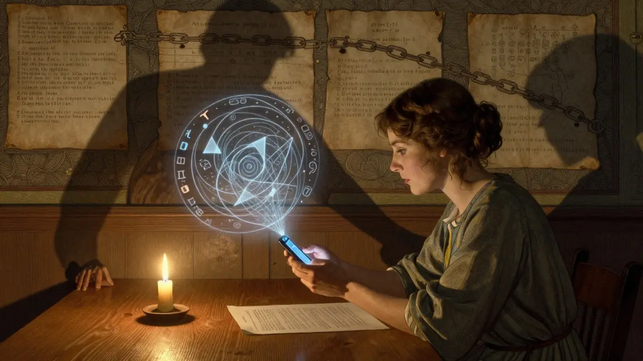 A woman uses her phone to project a zero-knowledge proof, blocking a spy with an invisible barrier of cryptographic runes.