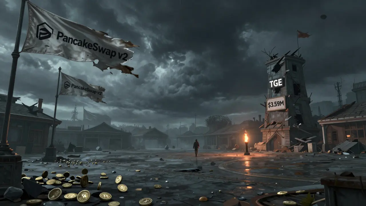 An abandoned digital marketplace with forgotten FOC tokens rolling across the ground under a stormy sky.