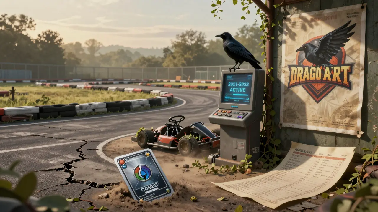 An abandoned racing arena at dawn, with a single NFT card buried in dust under a faded poster.