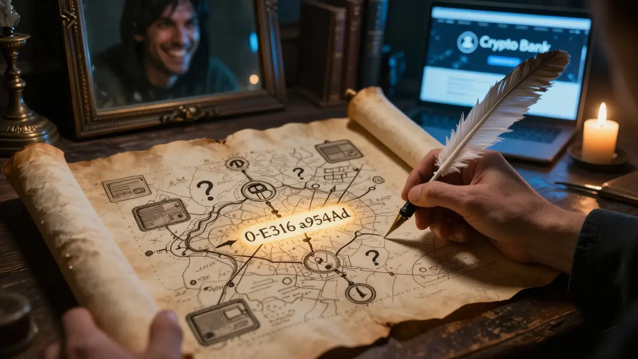 An ancient parchment reveals a blockchain address as a quill hovers, while a mirror shows a scammer’s face in a dim study.