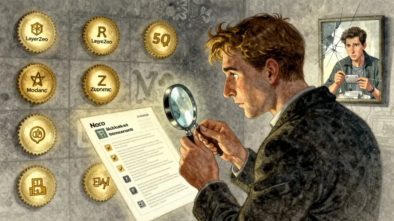 An explorer examines a blockchain ledger revealing a fake contract, while real projects glow nearby, depicted in Howard Pyle's detailed ink-wash style.