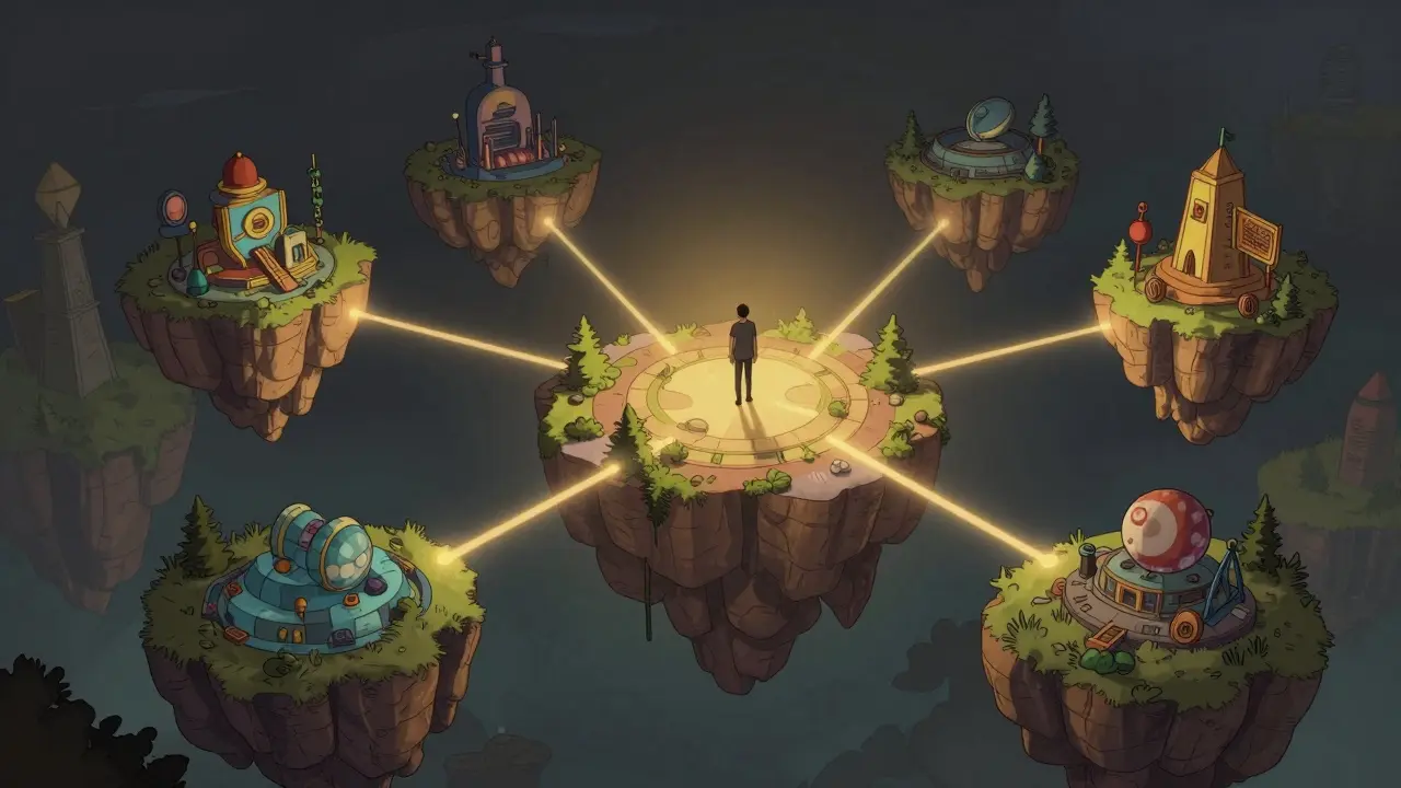 Central platform connecting floating islands with glowing threads.