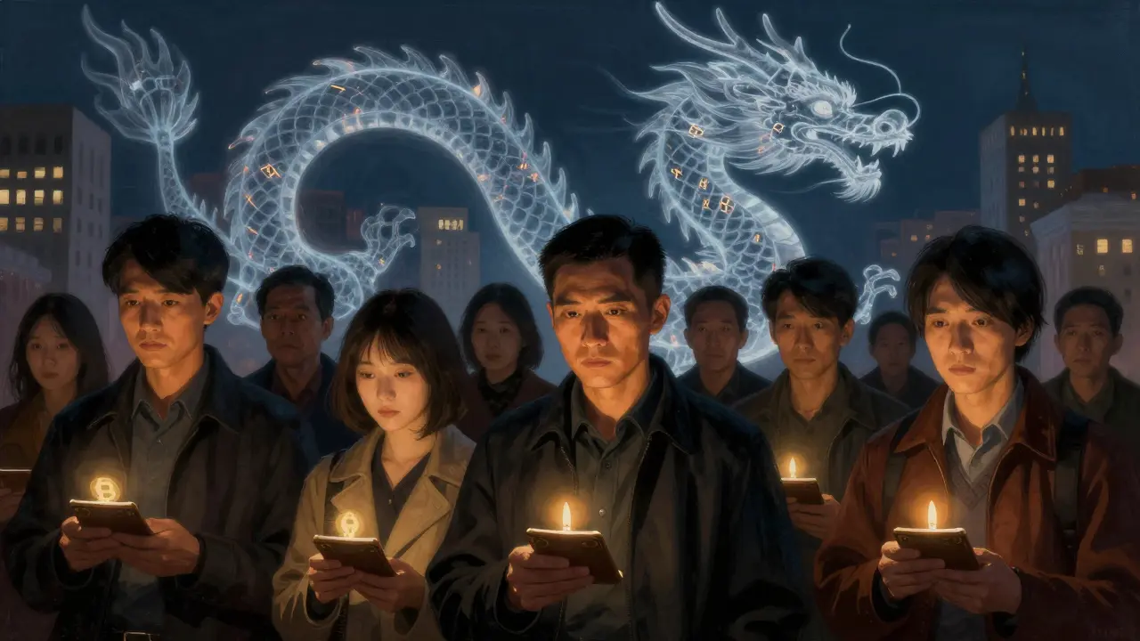Chinese citizens abroad looking anxious as a dragon made of blockchain patterns looms overhead, representing cross-border surveillance.