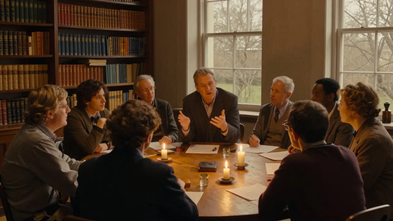 Community group learning together in a warmly lit workshop room.