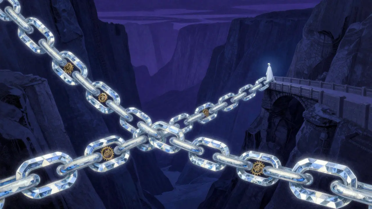 Crystal chain links stretching over a canyon with gear mechanisms inside.