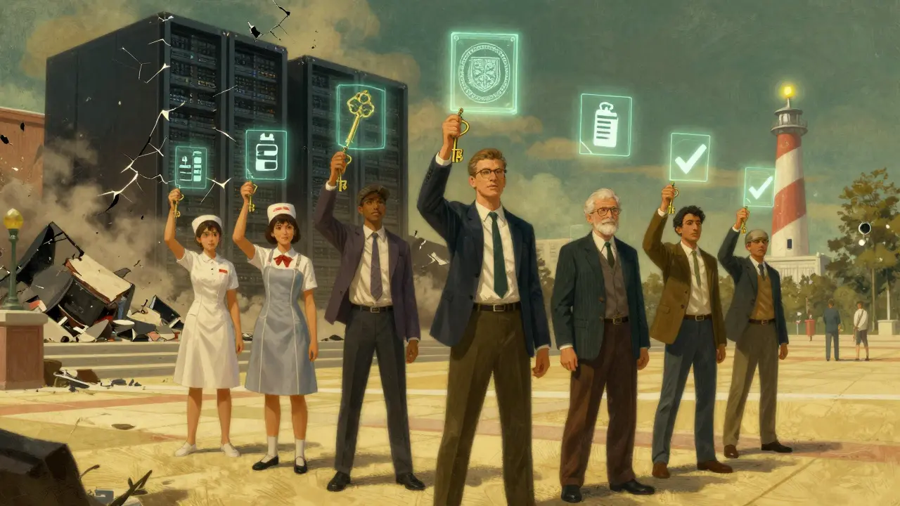 Diverse individuals unlock holographic credentials in a sunlit plaza while a broken server farm collapses into dust.