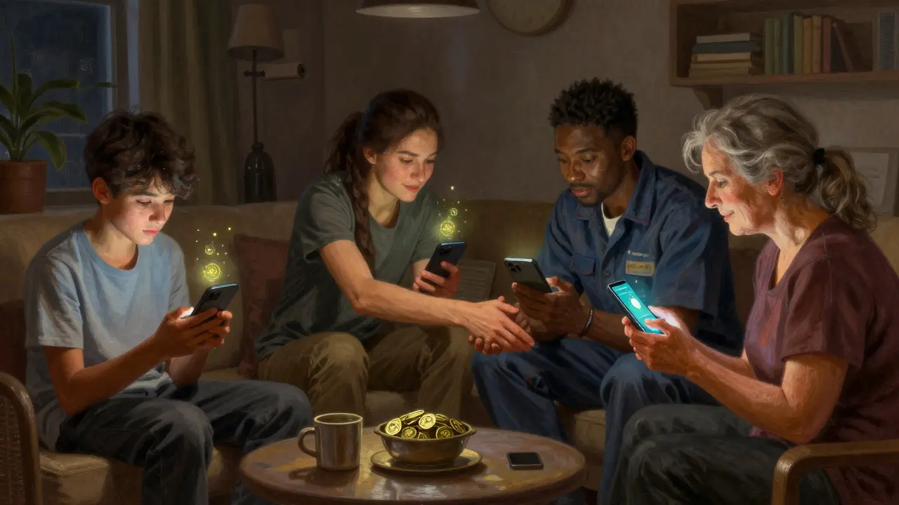 Diverse users earn ROSX tokens on their smartphones in a cozy room, with floating tokens rising as they use the app daily.