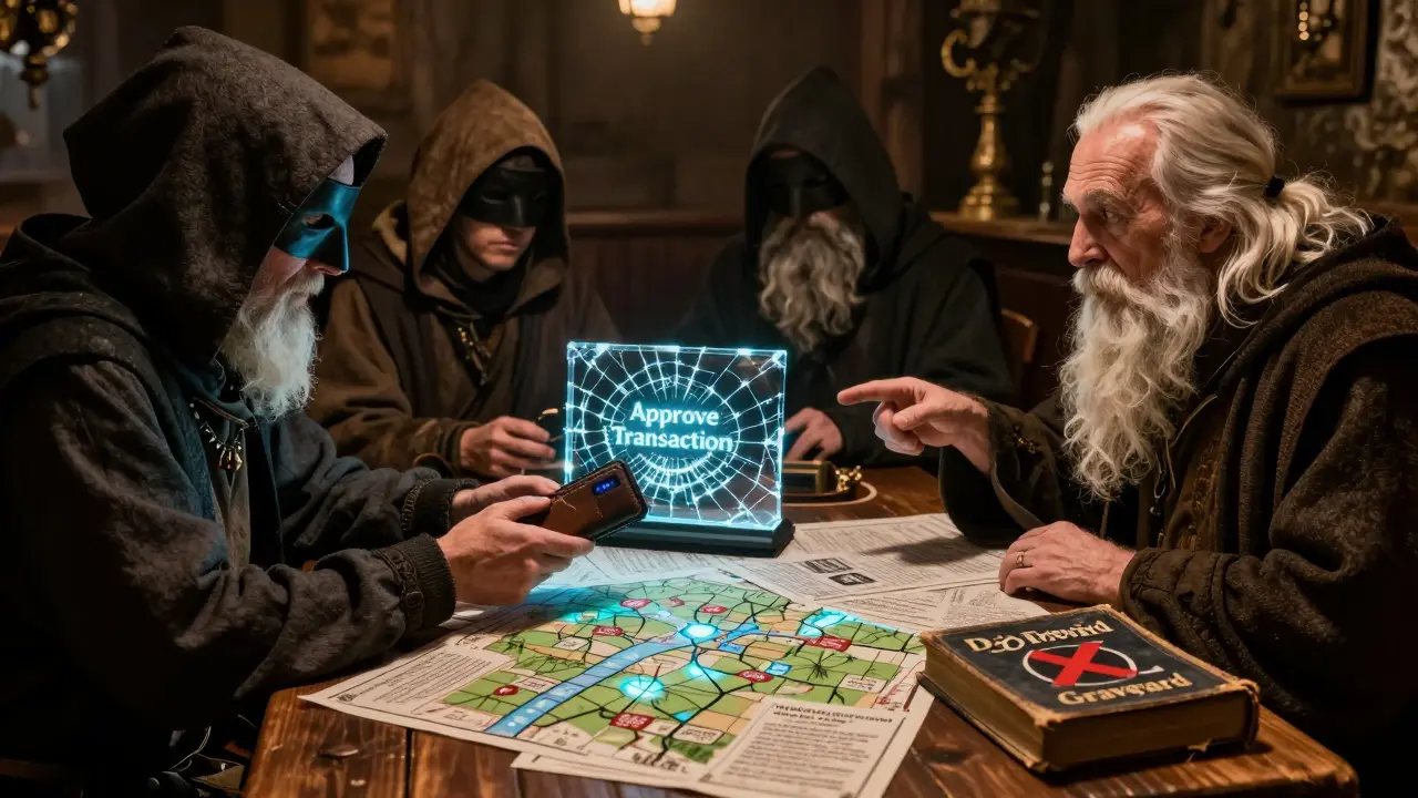 Figures in a tavern debating a fake FOC airdrop while a sage warns of dead crypto projects.