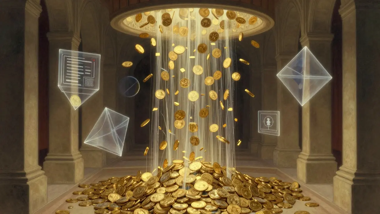 Golden coins flowing into a vault guarded by glowing geometric crystals.