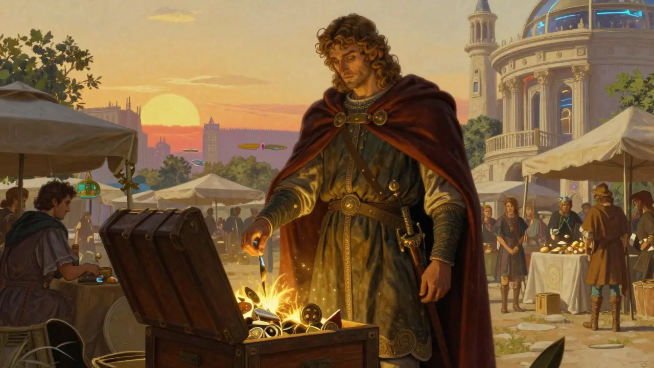 Guardian figure protecting a treasure chest under warm sunset lighting.