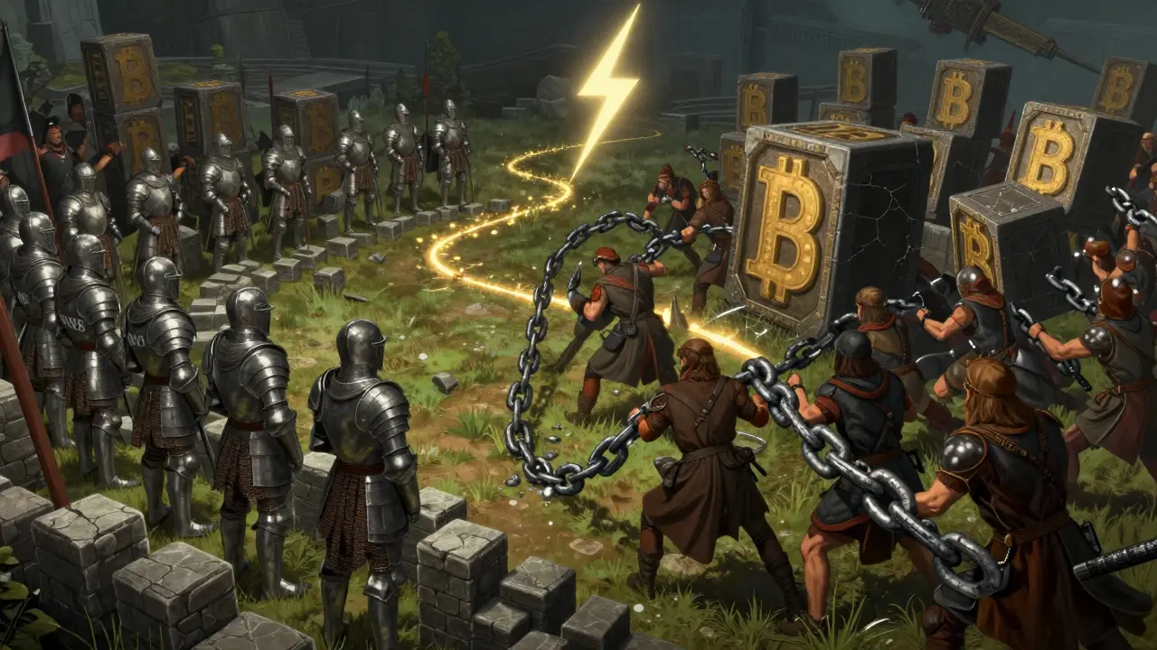 Knights defending small blocks against chaotic oversized blocks, with Lightning Network path in background.