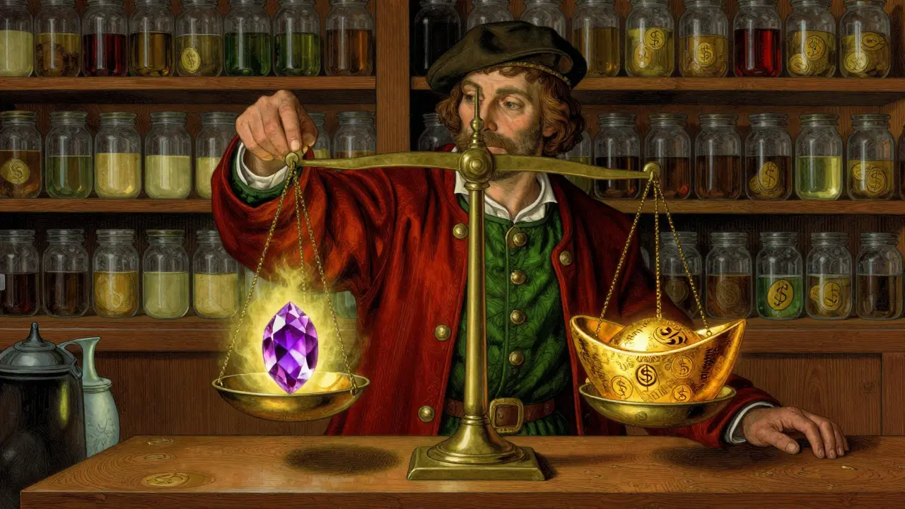 Merchant balancing scale with gem and gold ingot