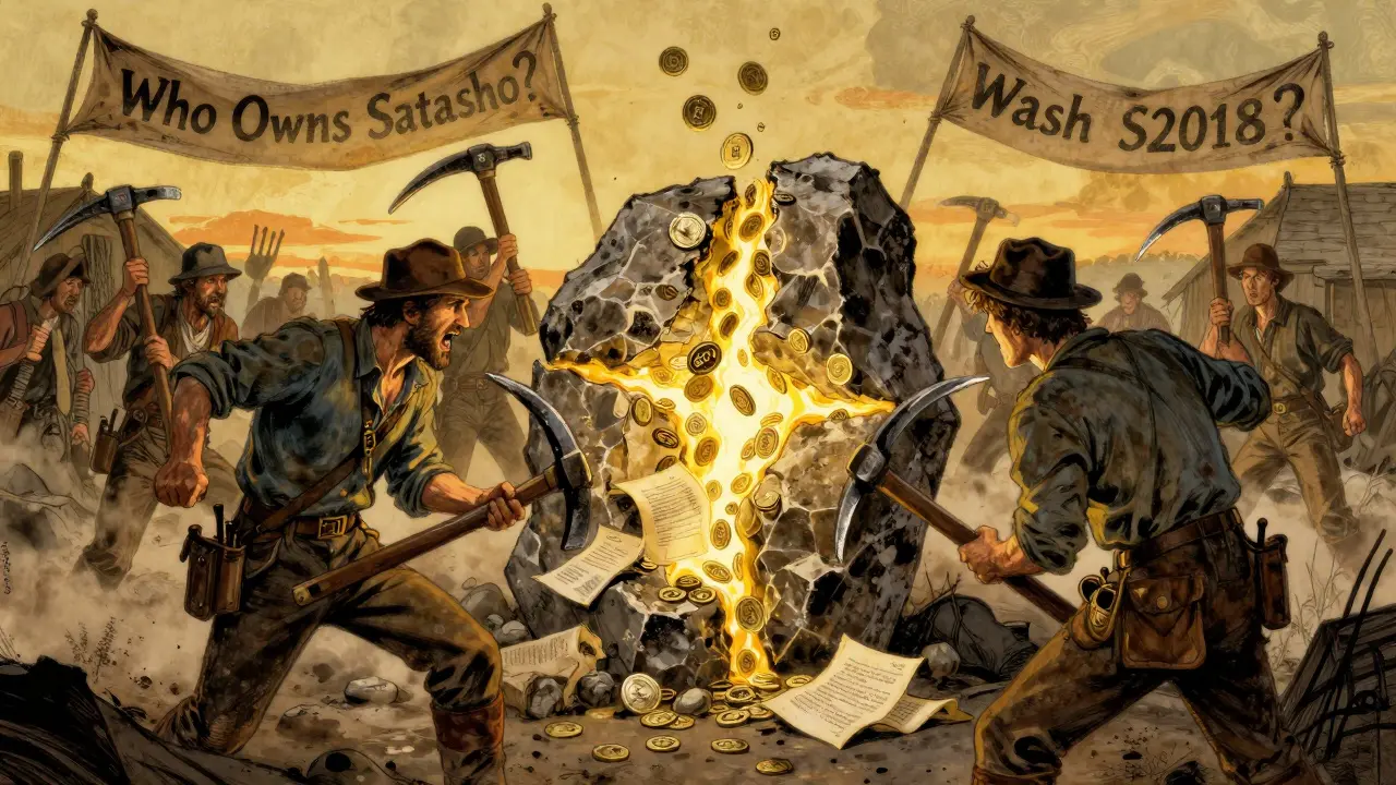 Miners in rugged 19th-century attire clash over a glowing blockchain during the hash war, in Howard Pyle style.