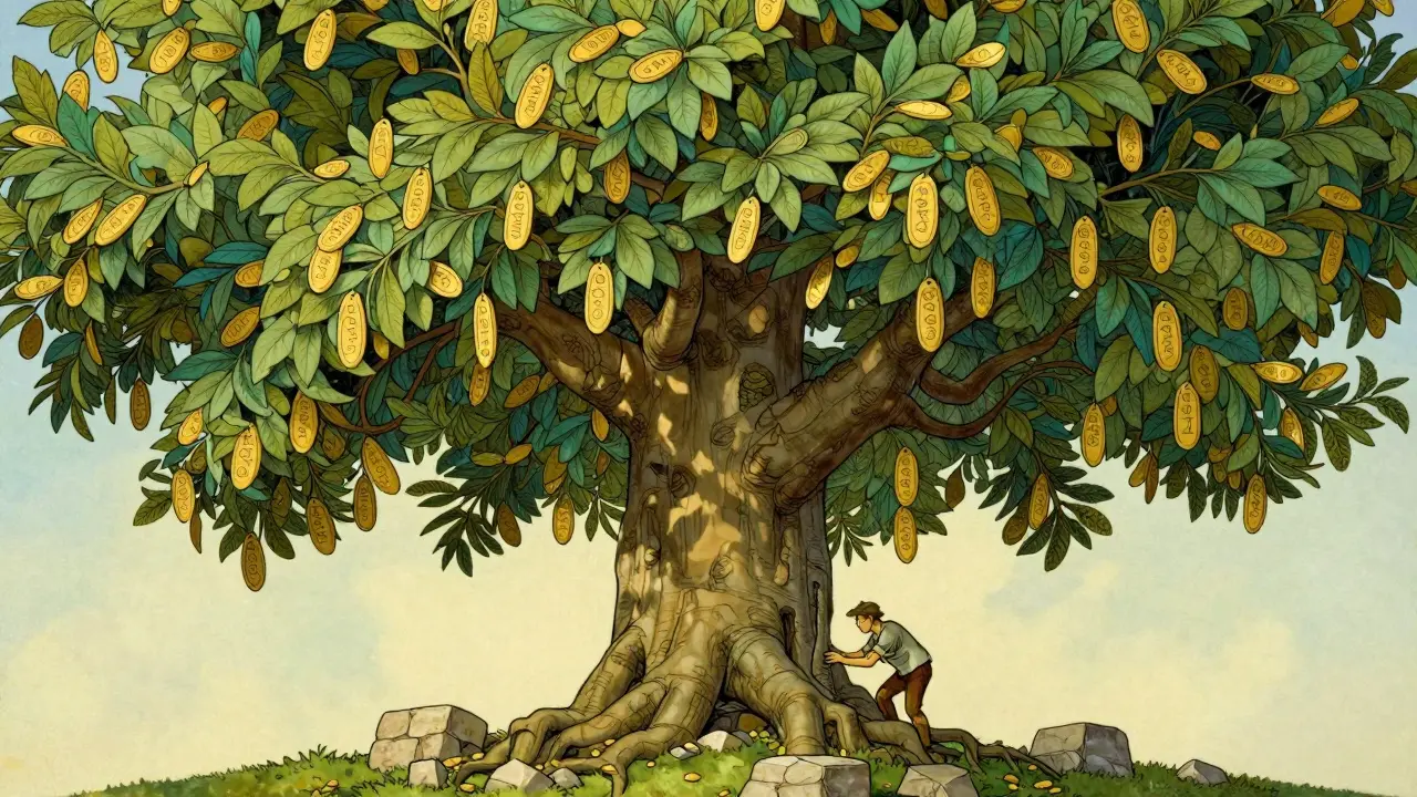 Ornate tree growing from stone blocks with token-like leaves.