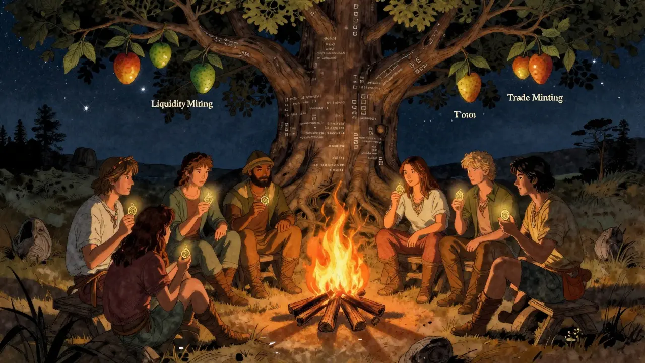 Pioneers around a campfire with YUZU tokens glowing, behind them a blockchain tree bearing mining fruits.