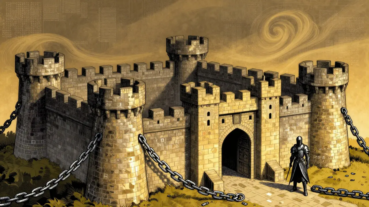 Shadowed knight guarding encrypted fortress structure