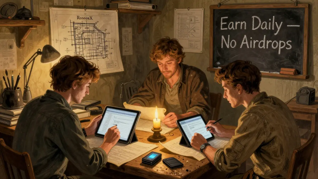 Three developers work by candlelight in a workshop, studying blueprints for RoseonX and RoseonApp with parchment scrolls and chalkboards.